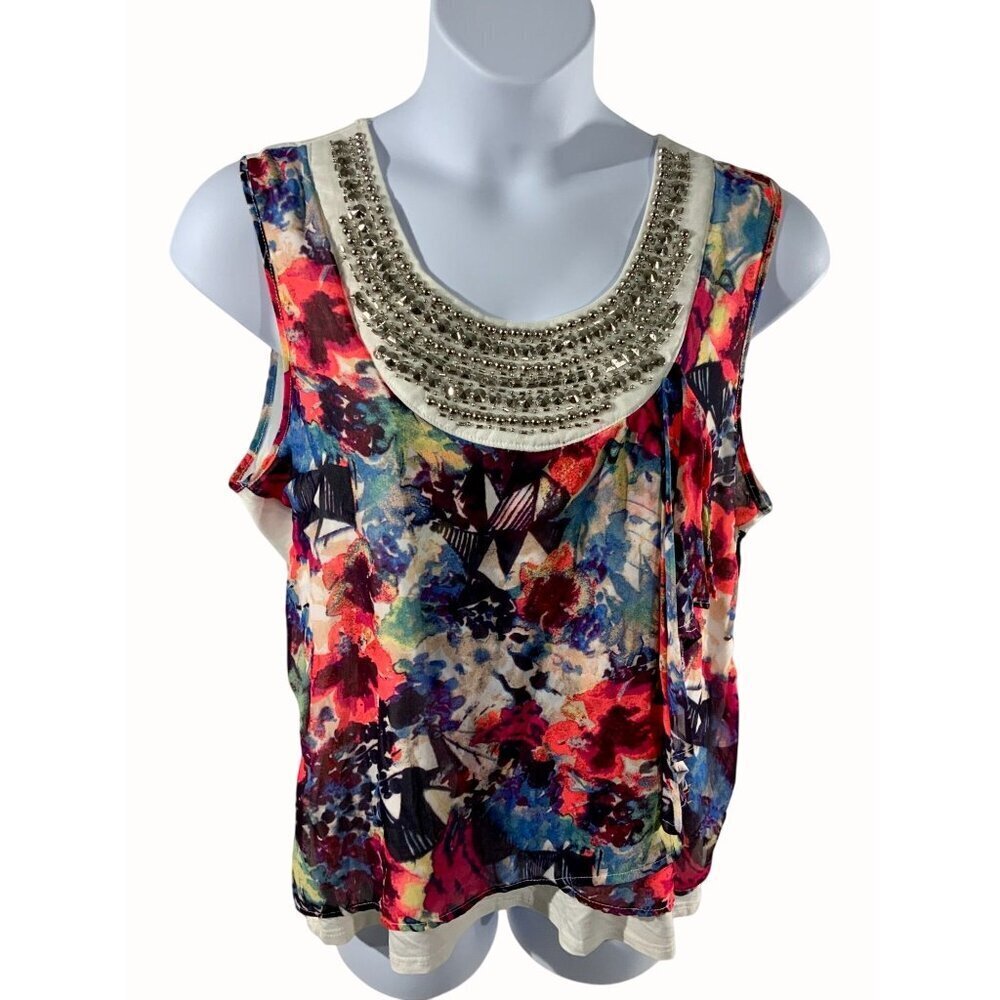 Fylo Ladies Floral Colorful Beaded Neckline Sleeveless Lightweight Top XL NEW